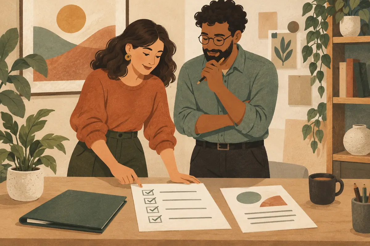 Illustration of two coworkers sharing task instructions and a completed document.