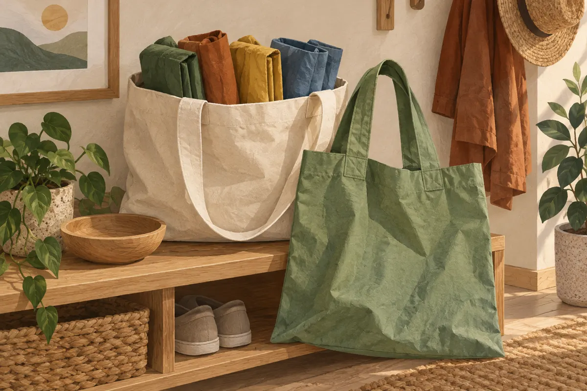 Illustration of folded reusable grocery bags stored together in an open tote near a door.