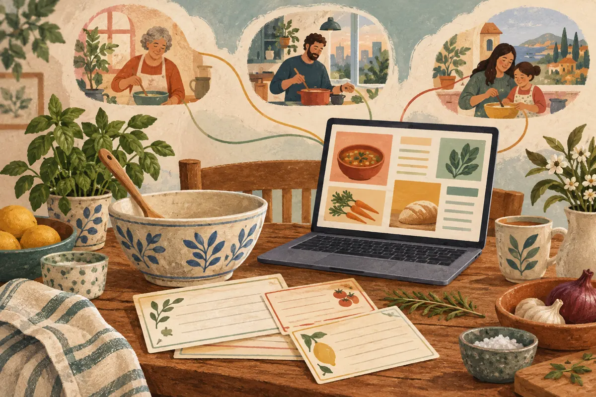 Illustration of recipe cards, a mixing bowl, and a laptop representing a family recipe swap across distances.