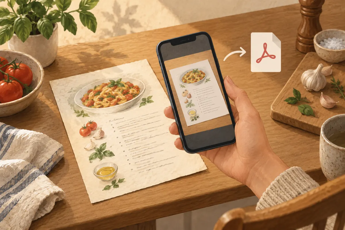 Illustration of a phone scanning a paper recipe on a kitchen table.